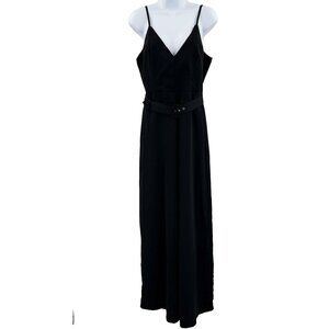 Blush V-Neck Retro Belted Wide Leg Solid Black Sleeveless Jumpsuit Romper Small